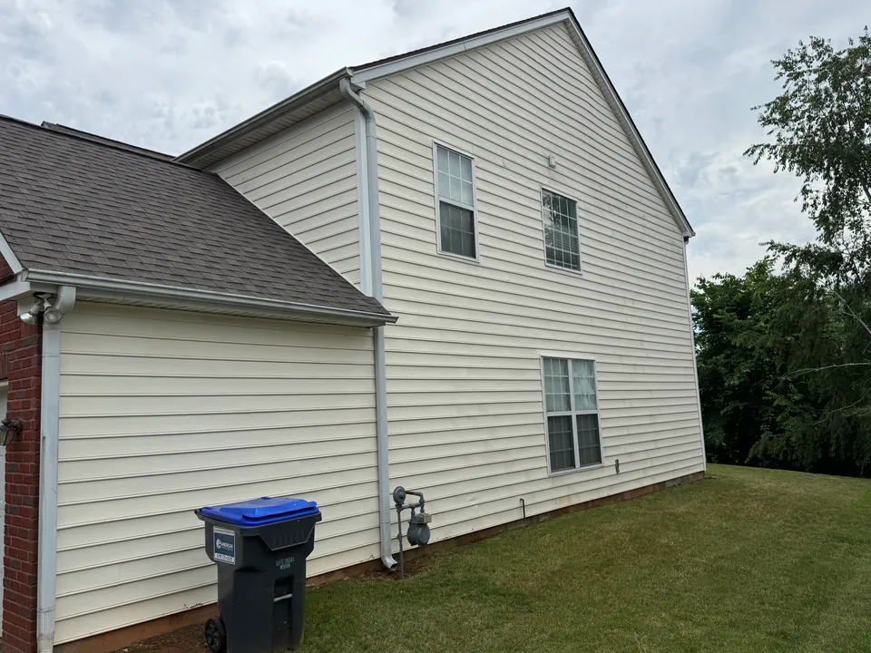 Side elevation of a light-sided house with windows, a downspout, a lawn and a bin.