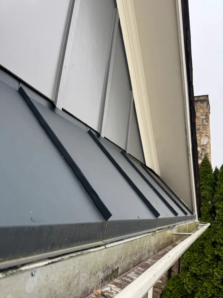 A gutter with visible staining alongside a dark metal awning and light trim.